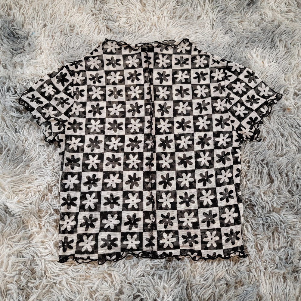 Rue21 Women's Medium Black/White Checkered Floral Sheer Mesh Short Sleeve Top